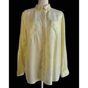 Chicos Women’s Tunic Top Sz 3 XL Yellow Collar Frayed Roll Tab Long Sleeve